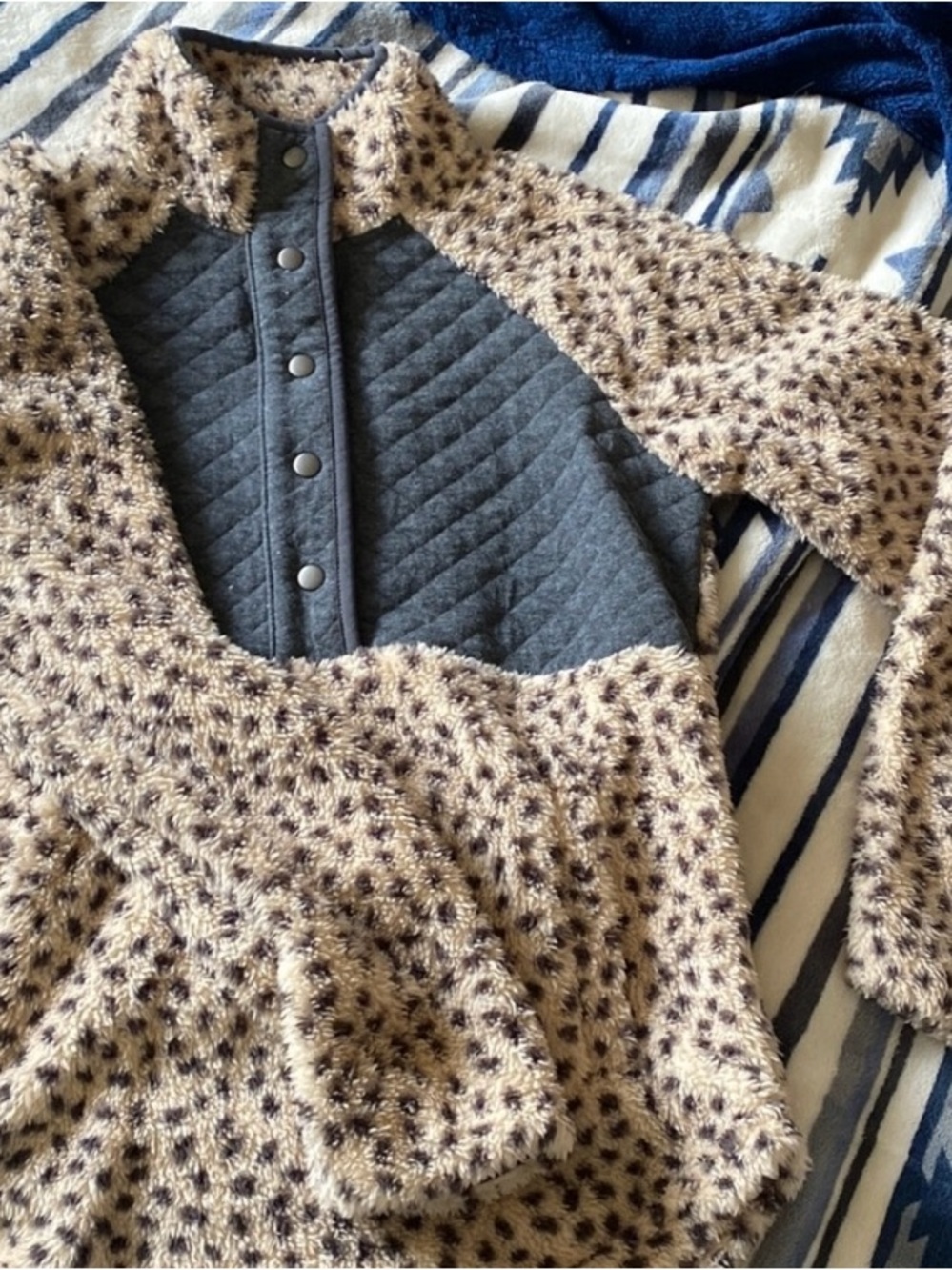 Cozy Fuzzy Pullover Jacket in Beige with Gray Quilted Yoke